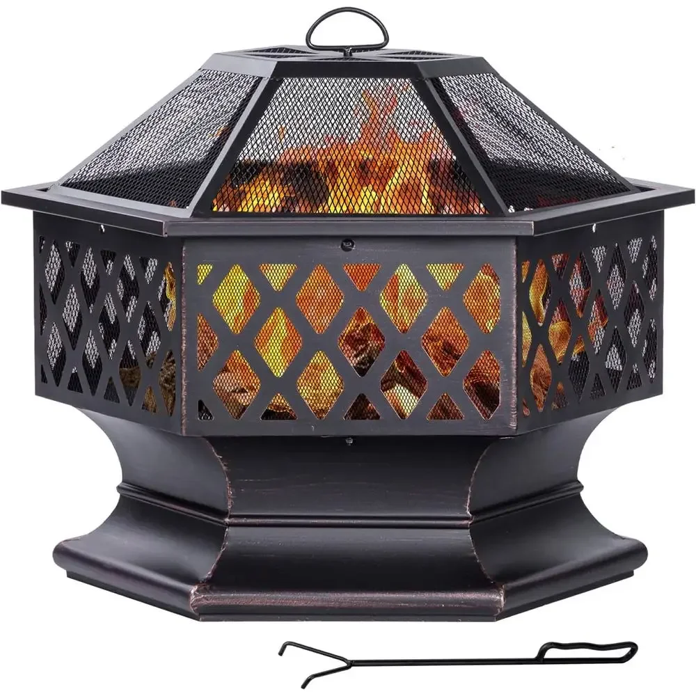 Hexagonal 28 Wood-Burning Fire Pit for Outdoors, Patio, Backyard, Camping - Antique Bronze