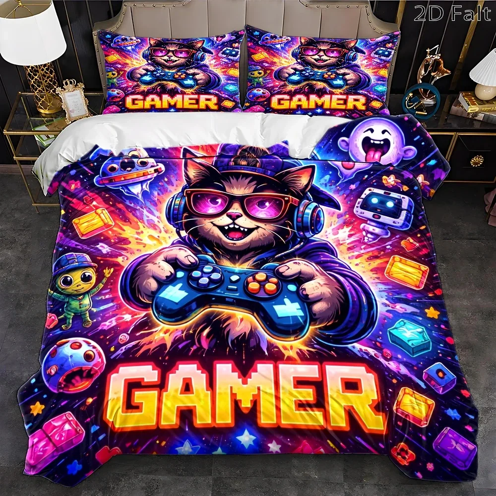 Soft Duvet Cover Set of Three, 2D Flat Printed Duvet Cover Set, Bedding Set with Trendy E-Sports Style Cat Game Theme, Suitable for All Seasons, Machine Washable, Invisible Zipper, Large Duvet Cover Set, Bedding Set, Quilt Cover
