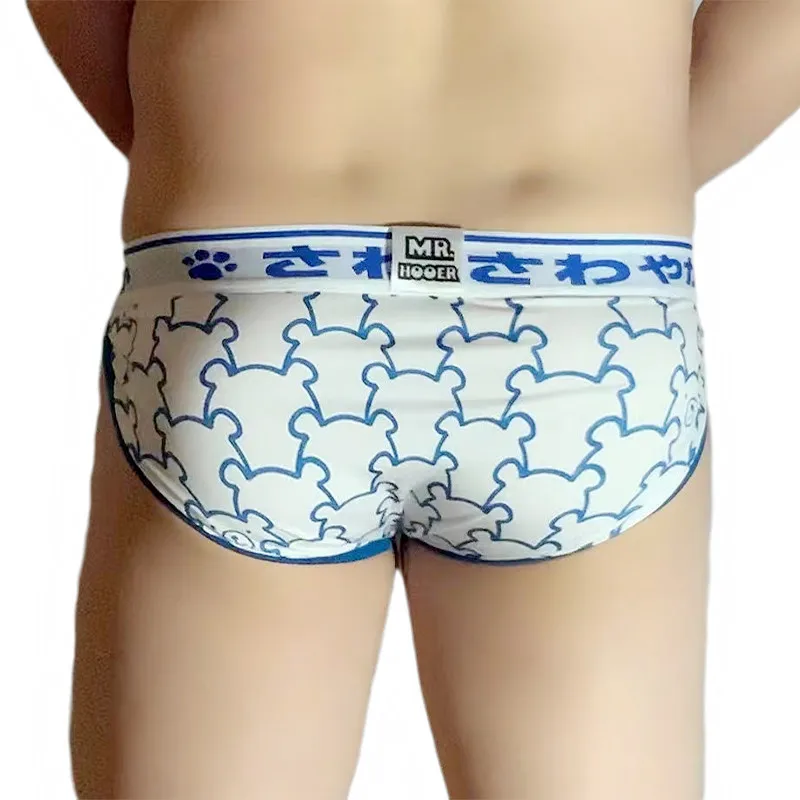 New Cute Bear Print Elasticity Briefs, Plus Size Men\'s Underpants, Gay Bear Proud Underwear, Sexy Cuecas White/Blue L XL XXL 3XL