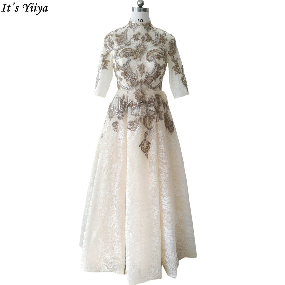 

It's Yiiya Evening Dresses High Collar Khaki Lace Beads Half Sleeves A-line Floor Length Plus size Women Party Dress C1721