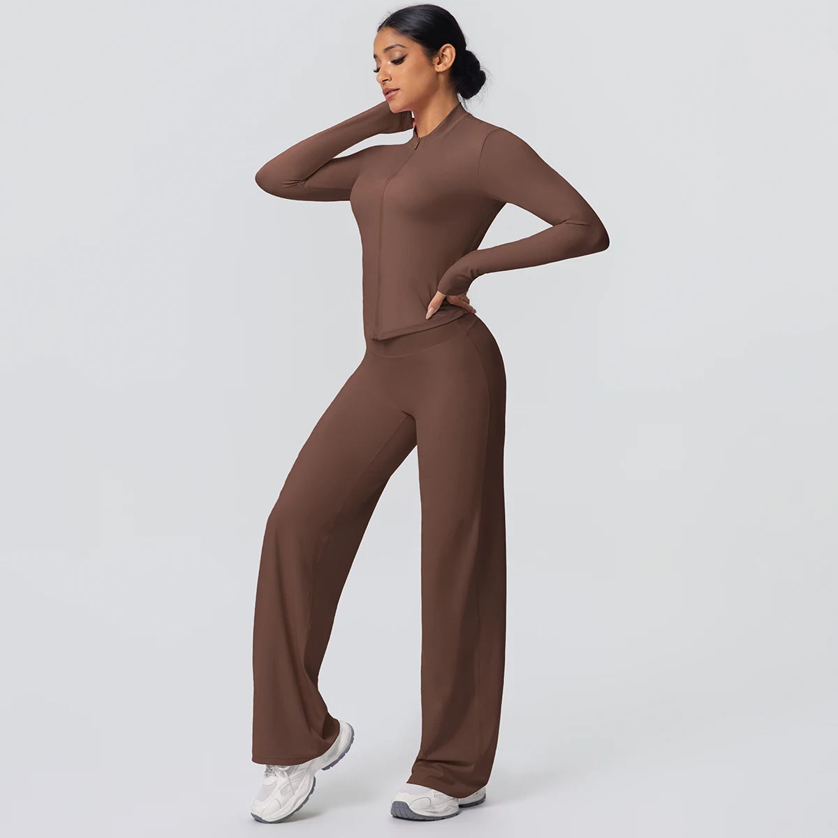 2 stück Schnell Trocknend Sport Fitness Kleidung Yoga Set Frauen Yoga Zipper Lange Ärmel Hohe Taille Atmungsaktive Breite Bein Hosen set – Detail 9