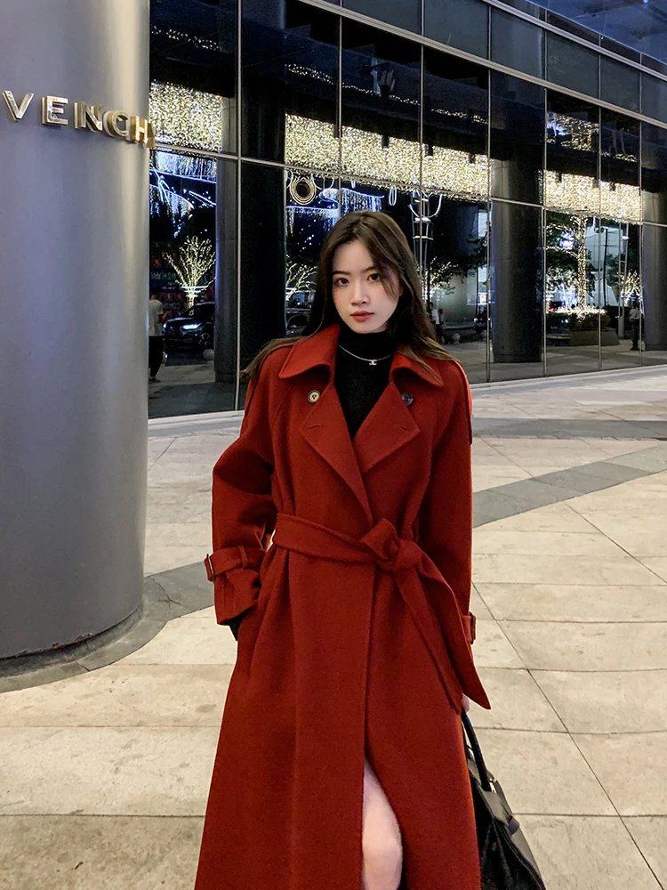 

Двустороннее длинное пальто Camere, женская модная шерстяная верхняя одежда, корейский Sle, прямой крой, длинное све, с поясом, чистый цвет