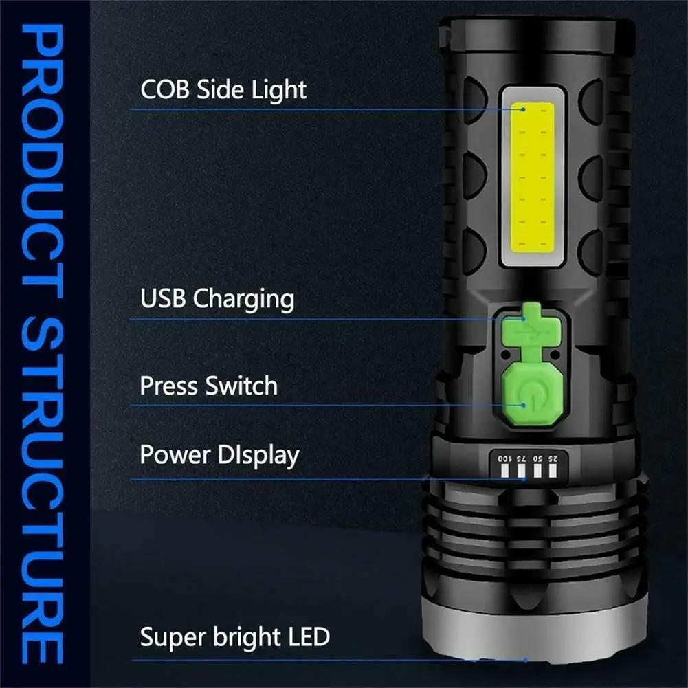 99000lm Led Flashlight 4 Modes 36000lm Built-in Battery Usb Solar Rechargeable Torch With Side Light Multifunctional Spotlight