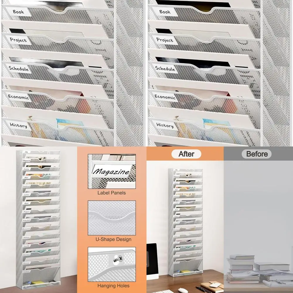 

White Metal A4 Vertical Wall File Holder with Tray for Office, Home, and Classroom Storage