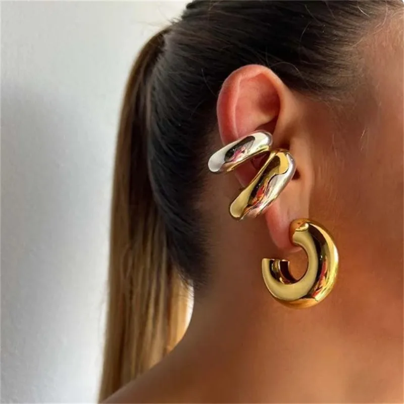 Punk Non Piercing Gold Color Clip Earring Chunky Ear Cuff Women Bold Statement Thick Cartilage Cuff Earrings Jewelry Gifts