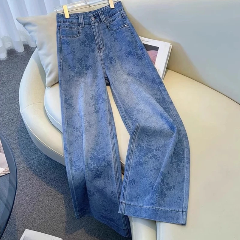 

2025 Women Fashion Designer High Waisted Printed Floral Blue Denim Trousers , Woman Casual Flower Pattern Jeans Pants