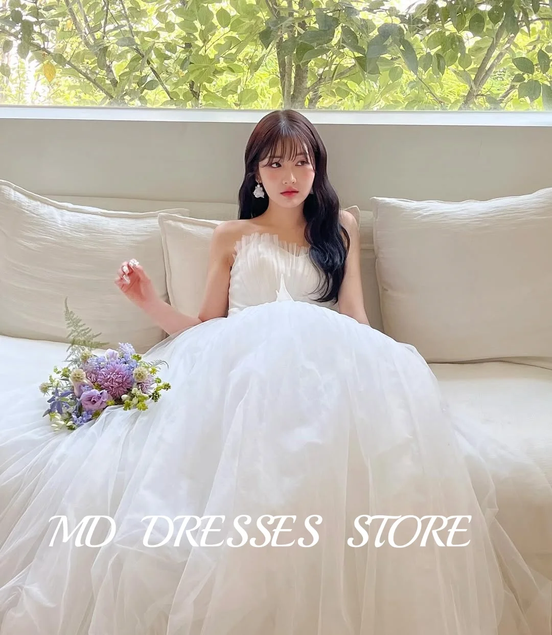 MD Princess Strapless Wedding Dress Pleat Korea Photoshoot Floor-Length Bow Belt Corset Garden Customized Bride Gowns 2025