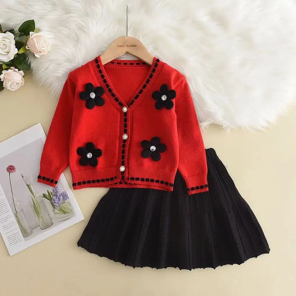 2024 Girls Set New Sweater Short Skirt Childrens Fashion Four Blossom Cardigan Korean Baby Girl Dress