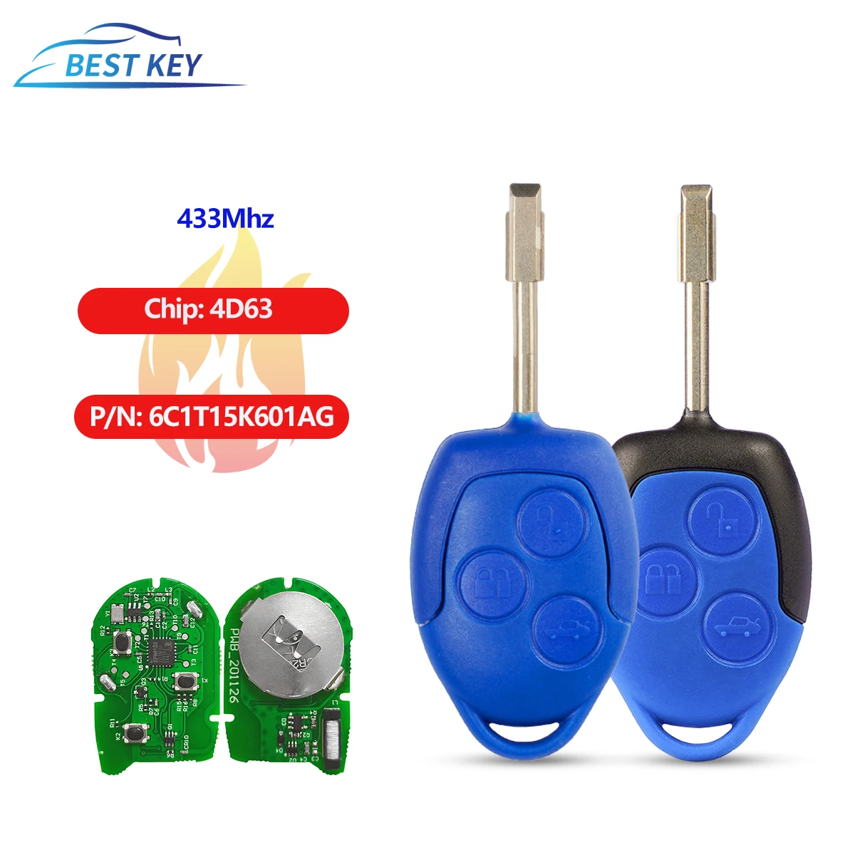 

BEST KEY 3 Button Car Remote Key 4D63 Chip 433Mhz P/N: 6C1T15K601AG Blue/Black Blade for Ford Transit WM VM 2006-2014 Car Key