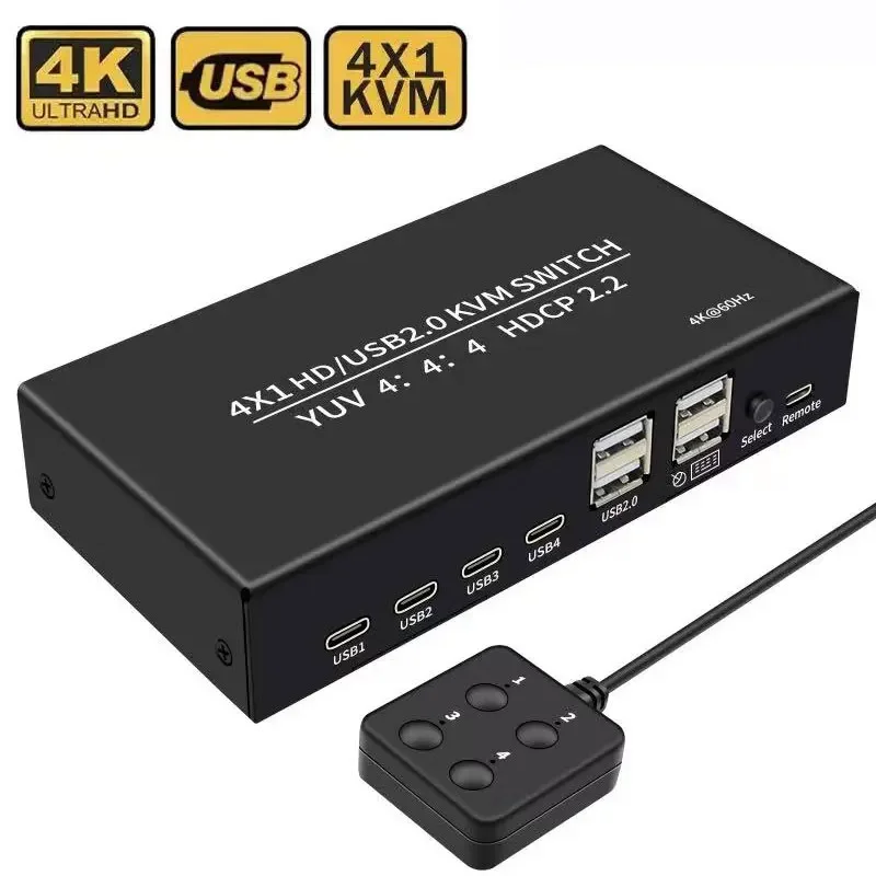 

4K 60Hz KVM 4x1 Switch HDMI-compatible Switcher USB HDCP2.2 Selector 4 in 1 out for 4 PC Share Monitor Mouse Keyboard 4-Port