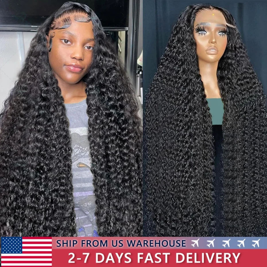 200% Density 13x4 Deep Wave Lace Front Wigs Human Hair Pre Plucked Curly Human Hair Wig 13x6 Transparent Lace Frontal Wigs Bling