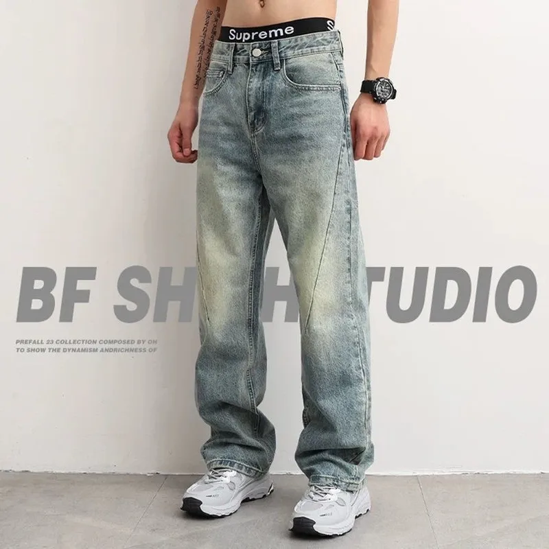 

Весенне-осенние новые модные однотонные прямые эластичные джинсовые брюки, мужские повседневные спортивные дышащие джинсы высокого качества