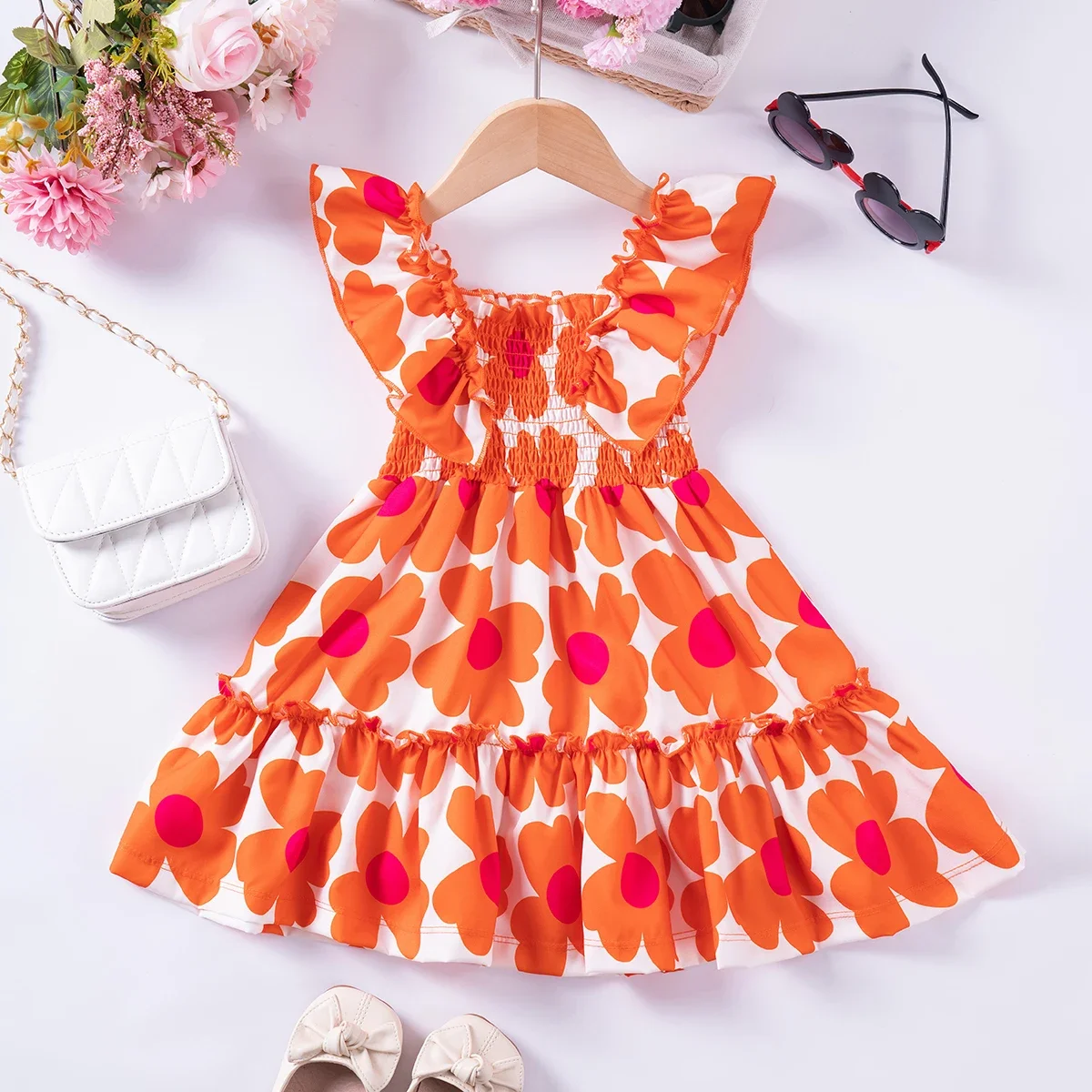 2024 New Girls Summer Sleeveless Dress Printed Small Fly Sleeve Knee Sweet Cute Princess Dress Soft Comfortable Breathable