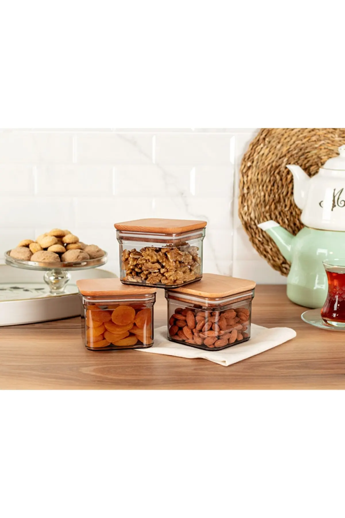 Wooden Lid Storage Container Made of 3 Pieces - Smoked - 500 Ml Quality Wood and Glass Stylish and Useful 2022 Trend Model