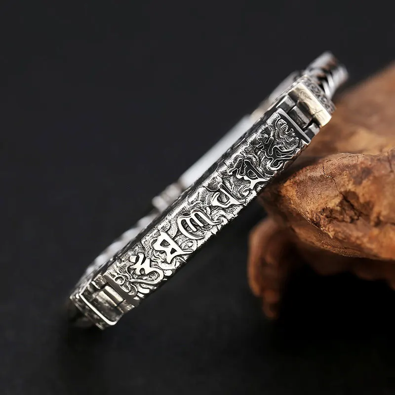 Chinoiserie Om mani padme hum thick silver bracelet men's auspicious cloud woven bracelet hemp rope antique Thai silver jewelry