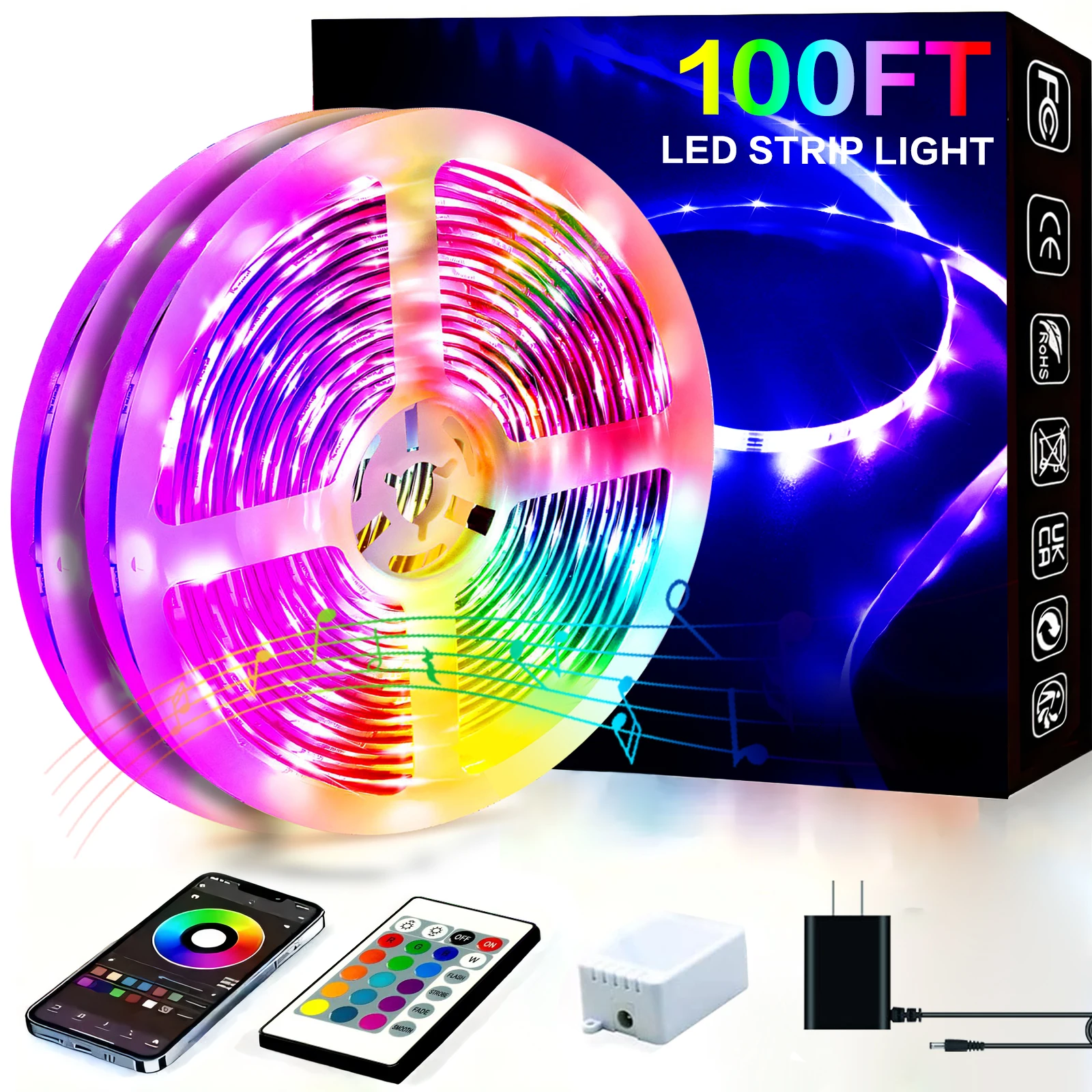 100FT Bluetooth LED Strip Lights, RGB Color Changing Led Strip Lighting with 24-Key Remote and APP Control, Music Sync Lights