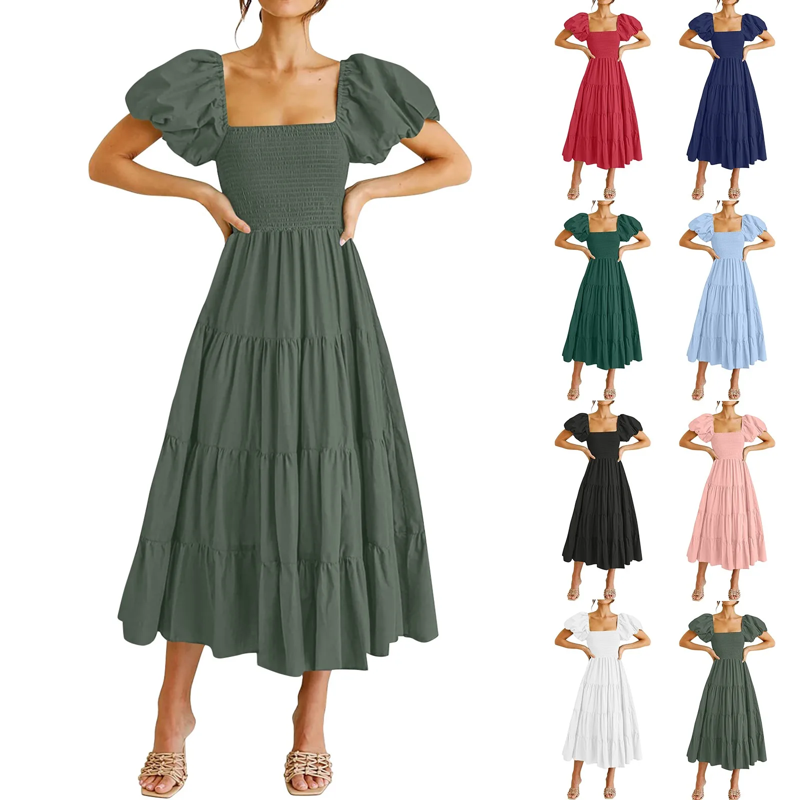Women's Elegant Dress Solid Colour Square Neck Backless Bubble Sleeve Pleated Short Sleeve Dresses Fashion All-match Date Dress image 2