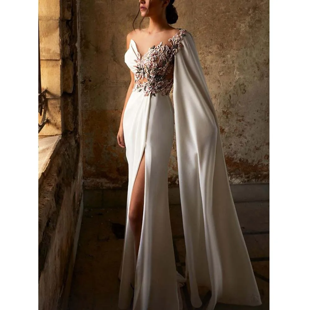 High-end White Women Prom Dresses Floor Length Straight Sweetheart Appliques Side Split One Shoulder Sleeve Evening Party Gowns