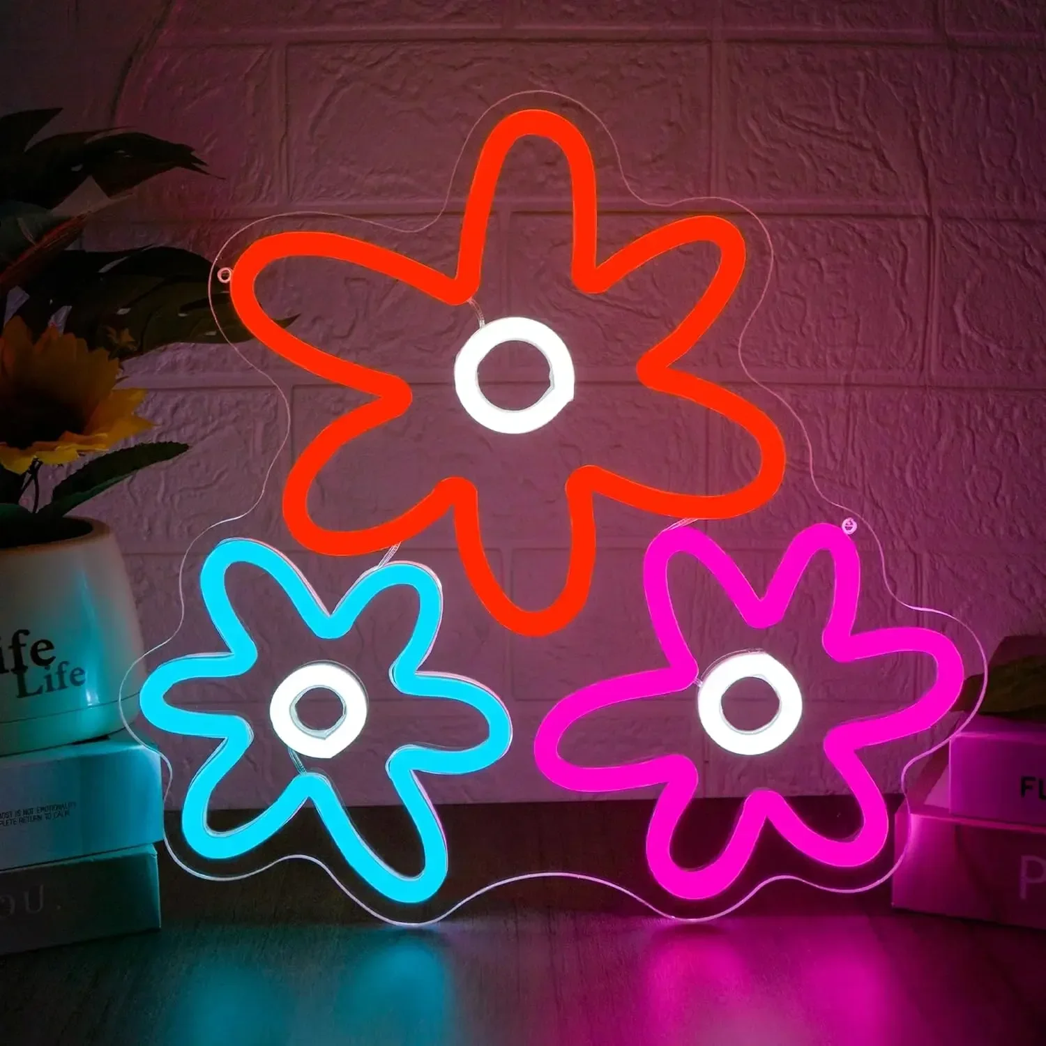 Triple Flower Neon Sign Colorful Floral LED Wall Art USB Powered Acrylic Glow Lamp Cute Decor Novelty Gift Hanging Light