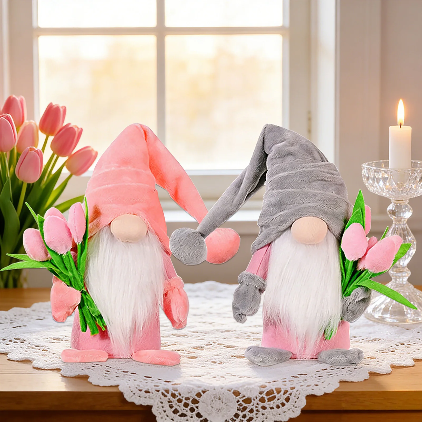 Tulip Gnome Plush Decorations with Flower Bouquet Home Tabletop Elf Doll Cute Faceless Gnome Gifts for Women Mothers Day