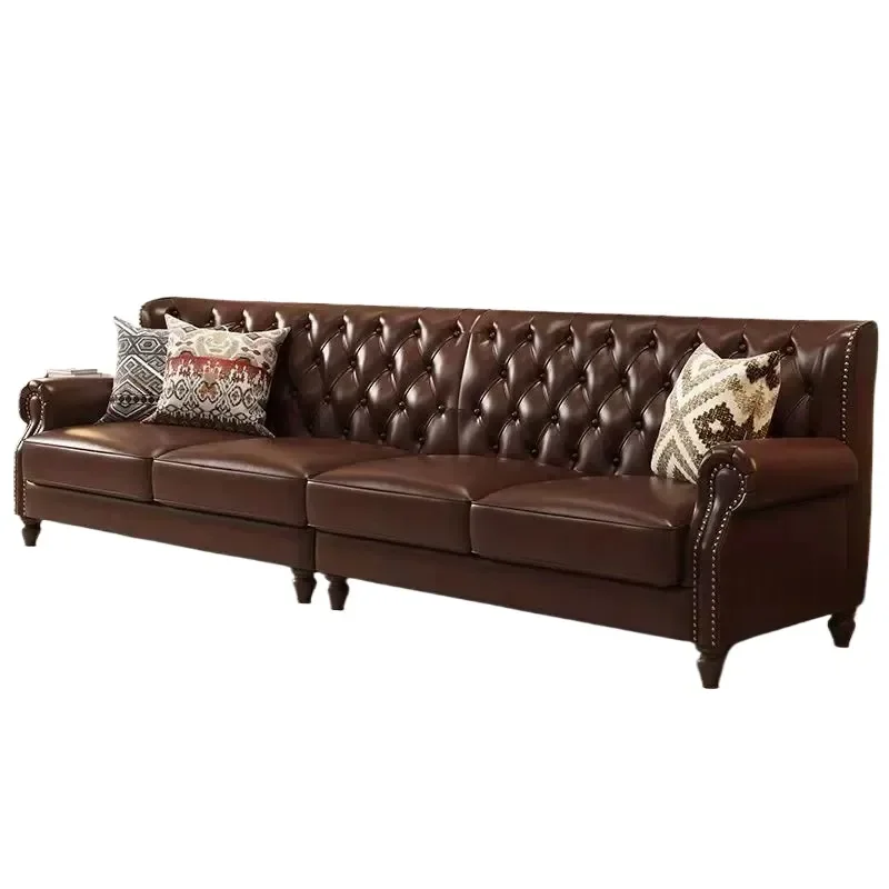 for American Style Retro Oil Wax First Layer Cowhide Leather Sofa 2.8m Straight Row Living Room Combination Three or Four