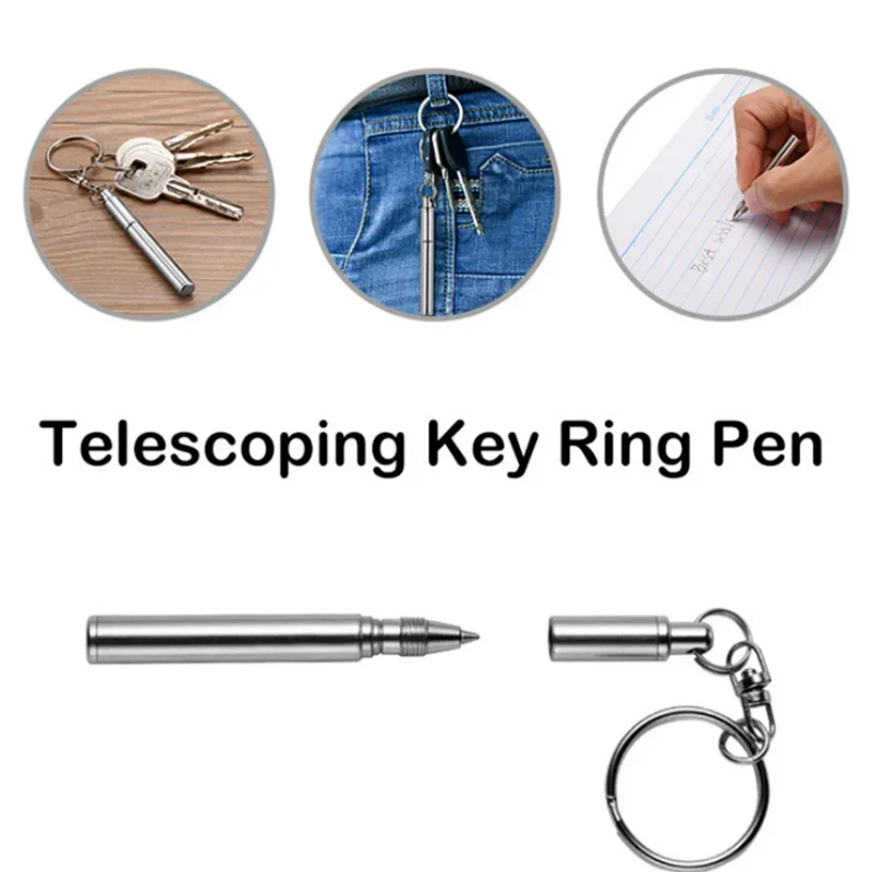 Telescopic Pen with Key Ring Stainless Steel Mini Ballpoint Pen Portable Stationery Supplies