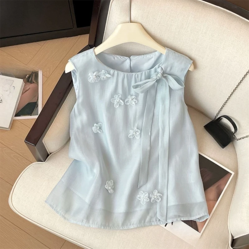 

2025 Spring Summer Women Sleeveless Bow Appliques Flower Blue Top Shirt , Woman Casual Tops Shirts