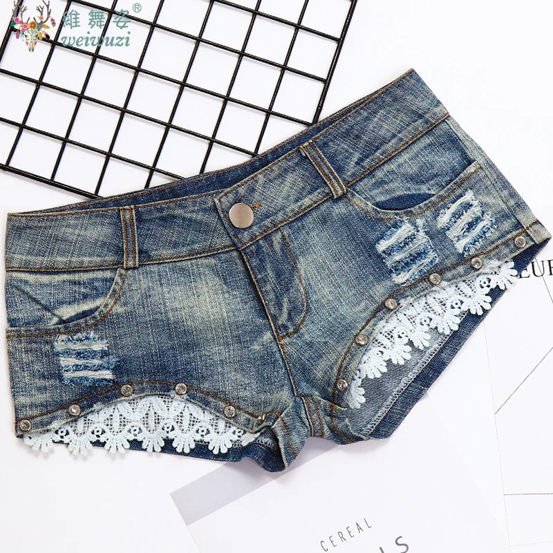 

Sexy Y2k Jeans Denim Shorts Women Bright Diamond Lace Ultra-low Rise Hot Pants Nightclub DJ Pole Dance DS Vintage Ripped Shorts