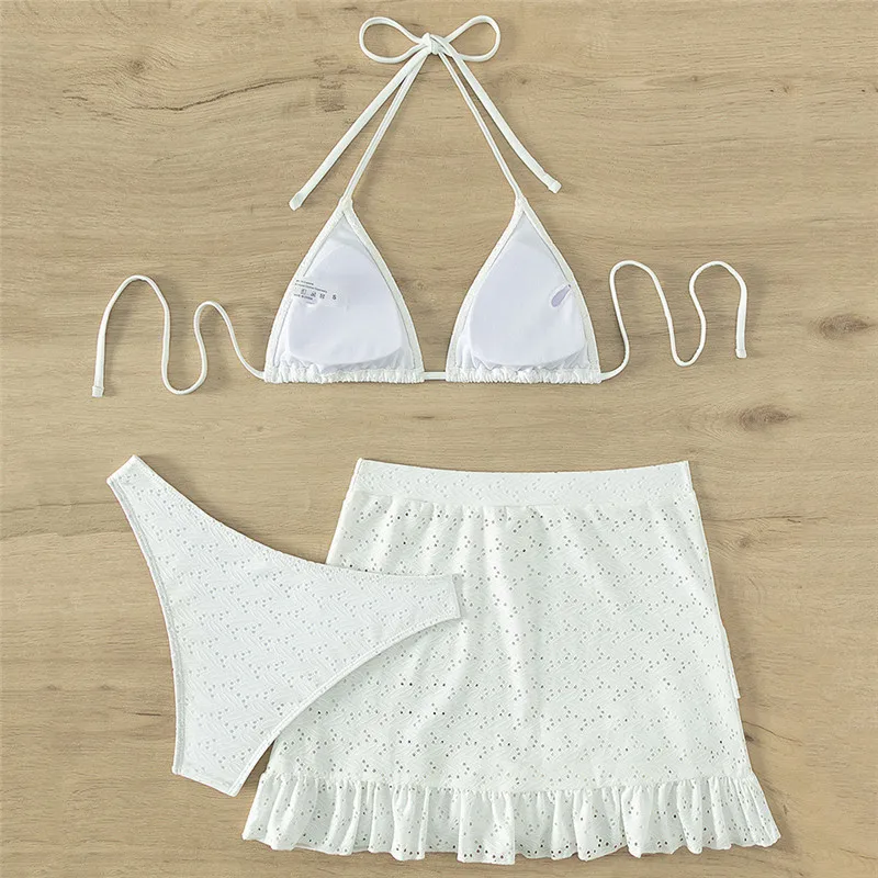 Bikini Set Sexy Wit Kant 3-delig Koord Halter Badkleding Met Ruches Badpakken Dames 2024 Nieuwe Badpak Driehoek Bikini Mujer