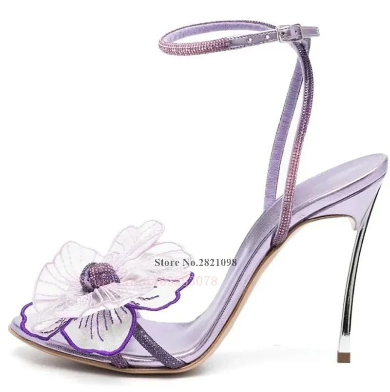 

Blade Heeled Purple Rhinestone Embellished Cross Ankle Strap Big Flowers High Heel Sandals Women Summer Prom Shoes