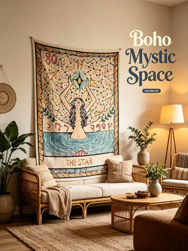 Vintage The Star Tarot Card Tapestry Wall Hanging Retro Witchy Constellation Woman Pattern Wall Art Home Bedroom Dorm Aesthetic