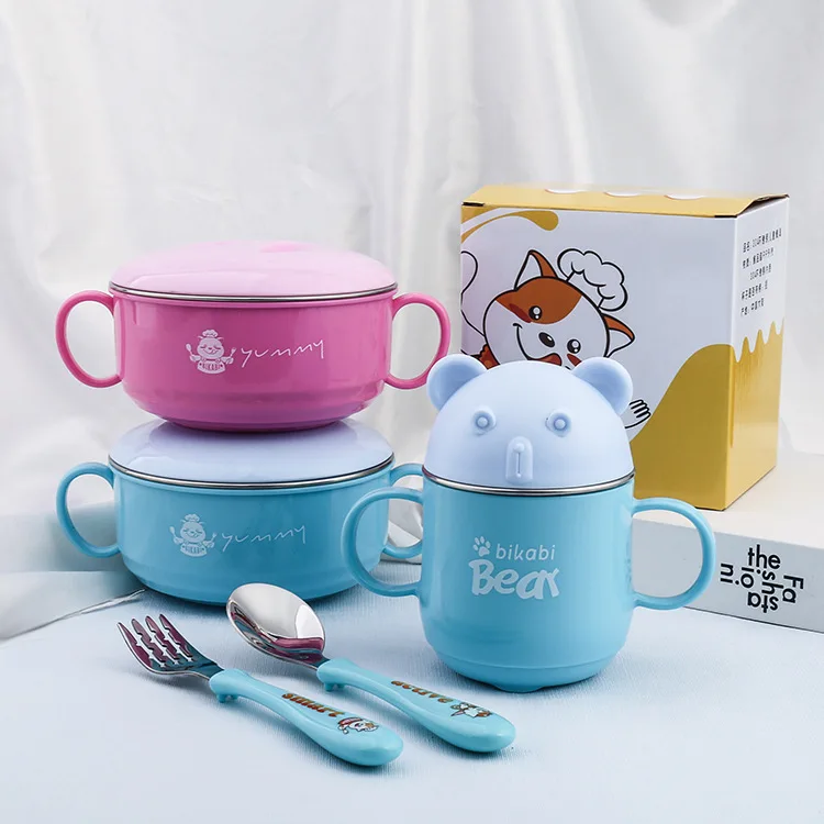 Baby Feeding Bowl 304 Stainless Steel Insulation Cartoon Children Tableware Cartoon Printed Baby Food Supplement Bowl 350ML