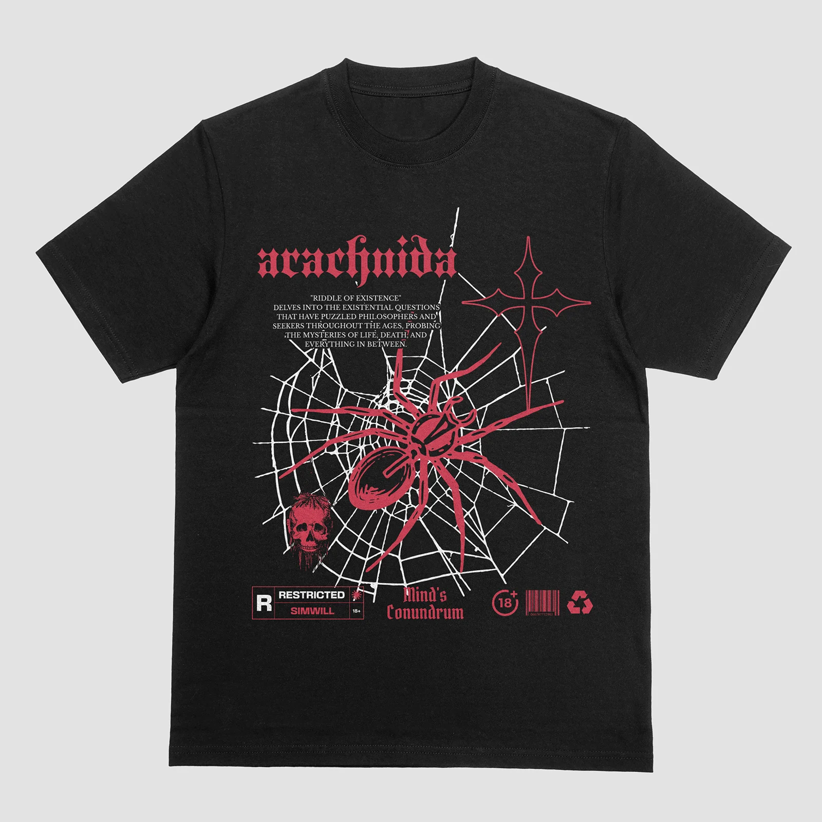

Arachnida Existential Riddle T Shirts Men Cotton Tees Spider Skull Cross Conundrum Tshirt Novelty Streetwear T-shirt