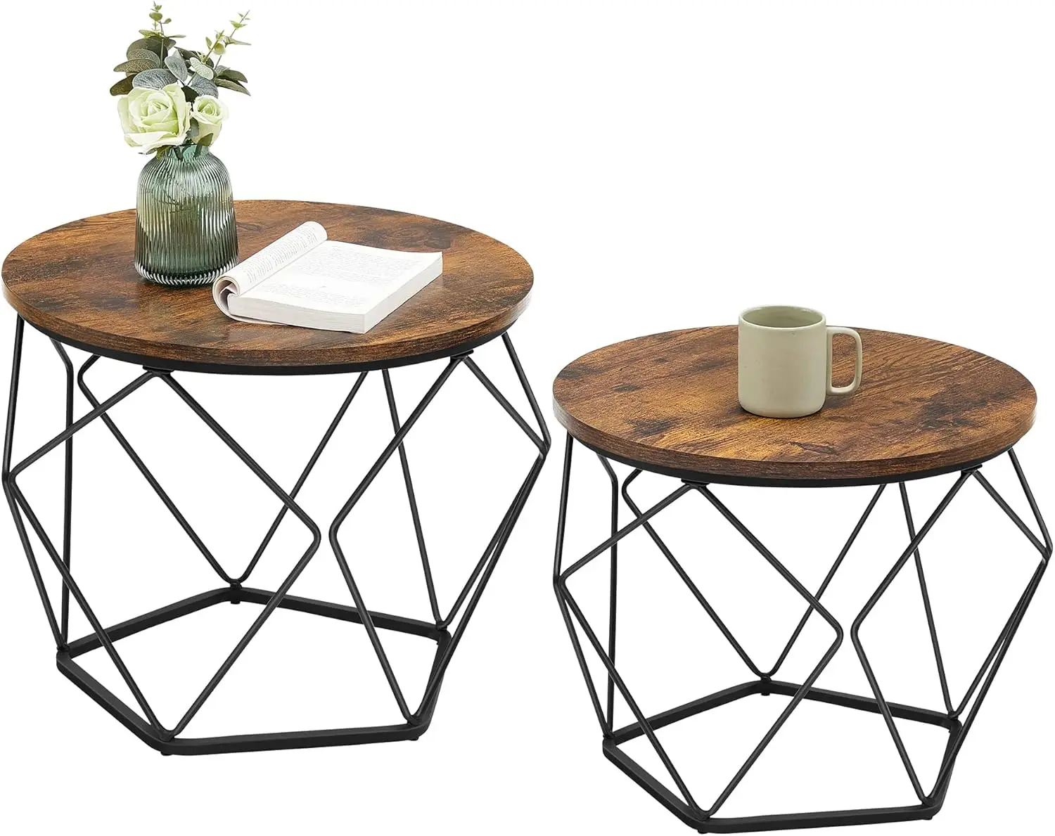

Small Coffee Table Set Of 2, Round Coffee Table With Steel Frame, Side End Table For Living Room, Bedroom, Office, Rustic Brown