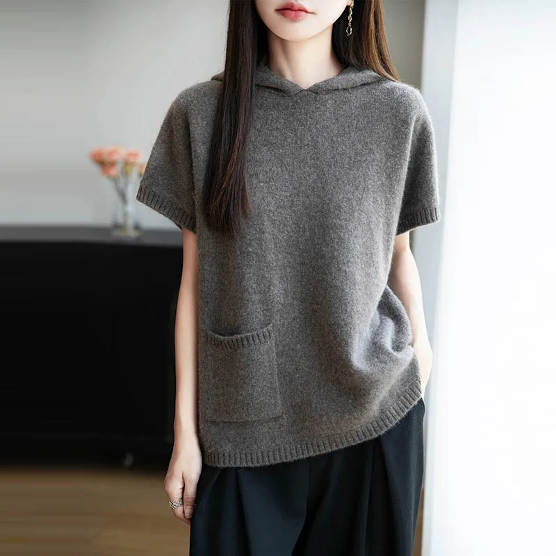 

MEETCC Women's 100% Merino Wool Half Sleeve Hooded Pullover Solid Color Sweater Pockets Design Clothing Autumn Winter Soft Tops