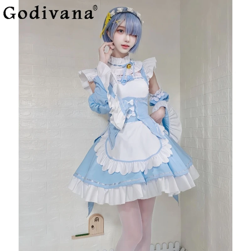 

Gothic Style Anime Maid Dress for Women Blue Color Halloween Cosplay Sweet Dress Set Female Bow Design Maid Dress Suit