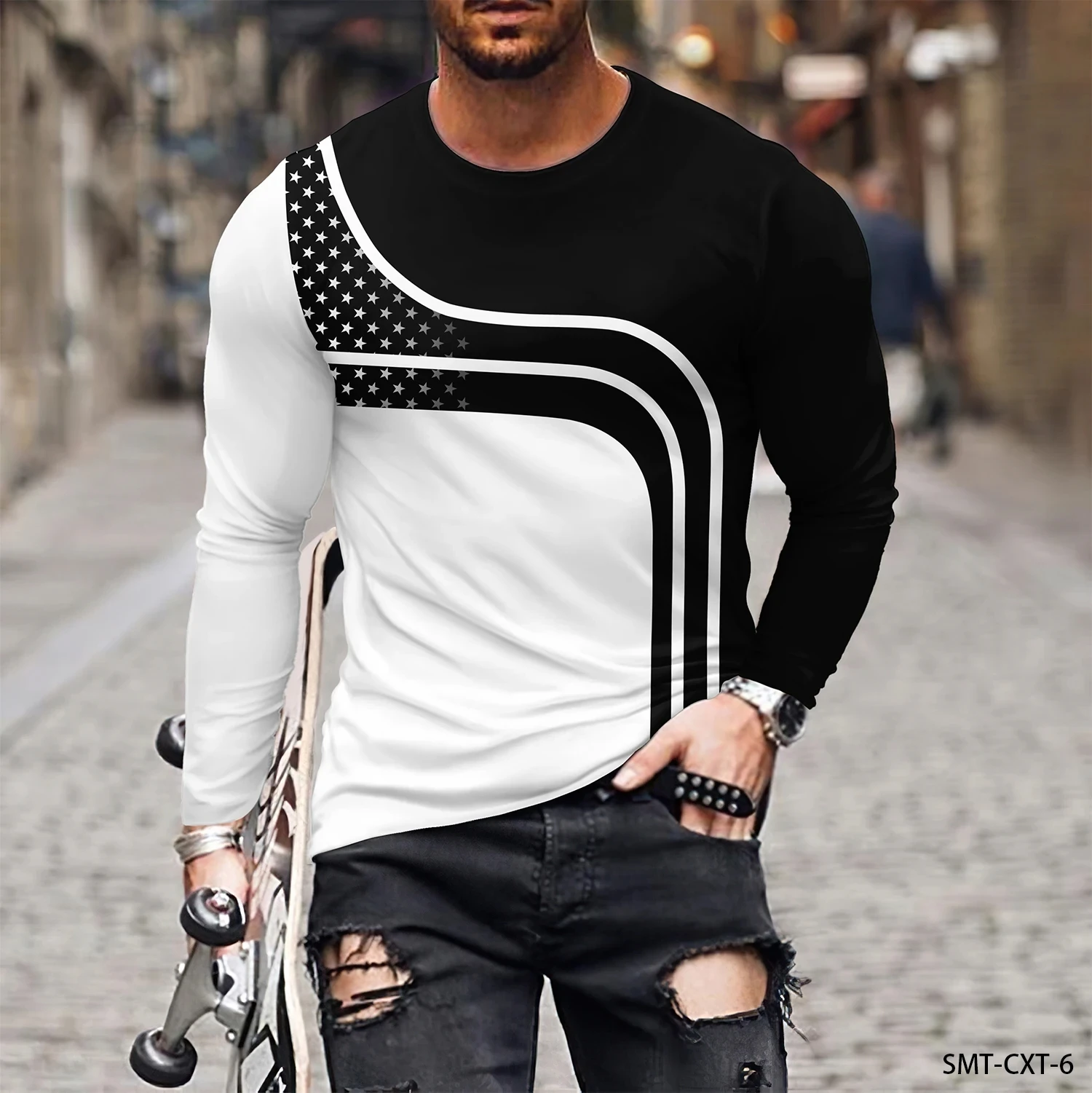 New European Physical Aducation Picture  Men long sleeved T-shirt Casual Printed Tees Hip-hop Personality Round Neck  Tops