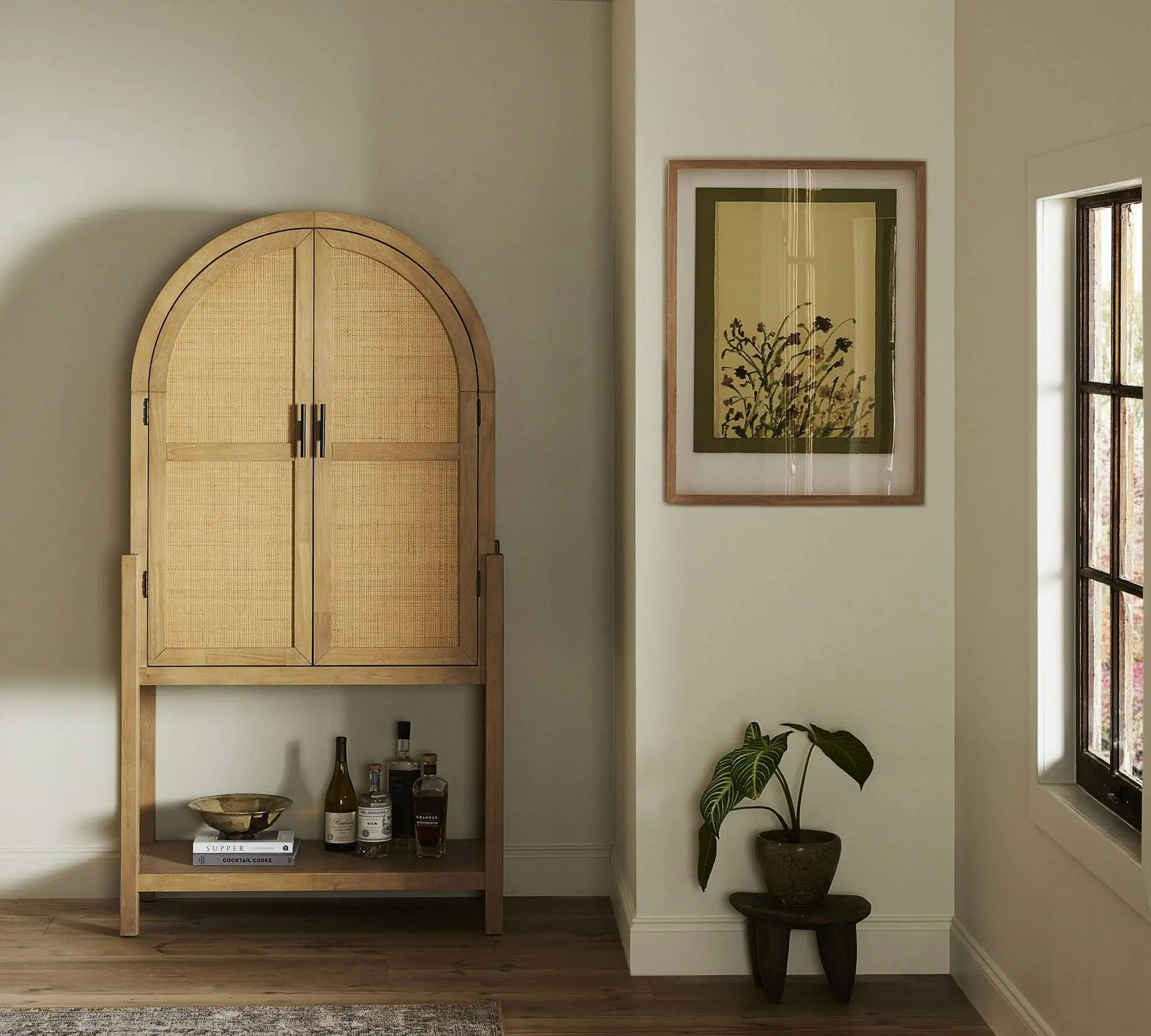 Solid Wood Bar Cabinet with Rattan Door Arch Display Custom Extendable Wine Cabinet