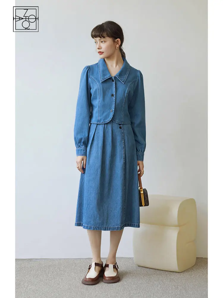 

ZIQIAO Retro Denim Shirt Coat Skirt Suit Women Autumn Puff Sleeve Top High Waist A-Line Skirt Casual Female Denim Two Piece Set