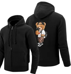 Mr. Bear Who Took A Selfie In The Street Print Loose Sweatshirt Winter Warm Zip Up Clothes Zip Hoodie Fashion Casual Streetwear