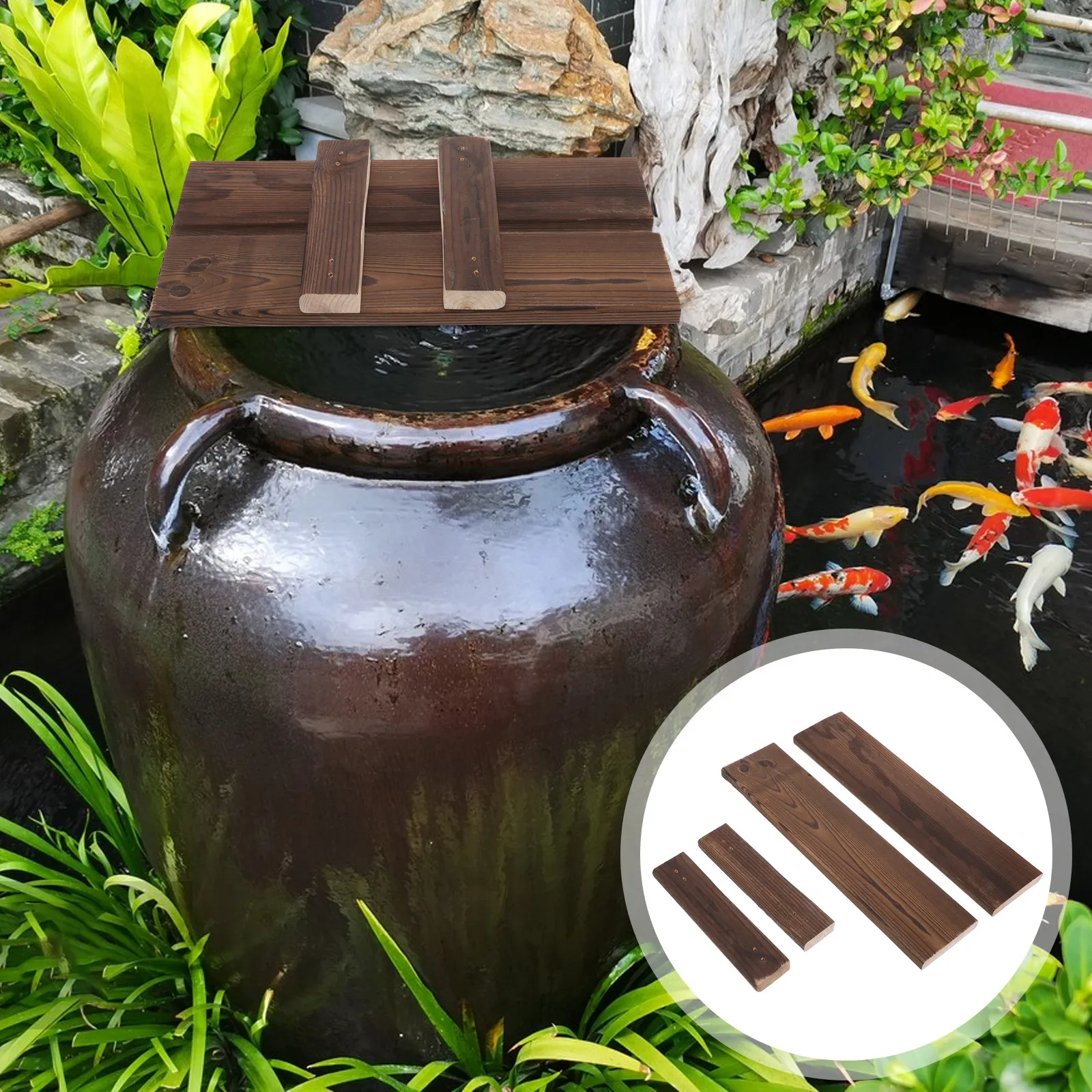 

4Pcs Vintage Wooden Fish Tank Flowing Water Board Stable Structure Rustic Aquarium Decor Ceramic Pots Statues Fountain Landscape