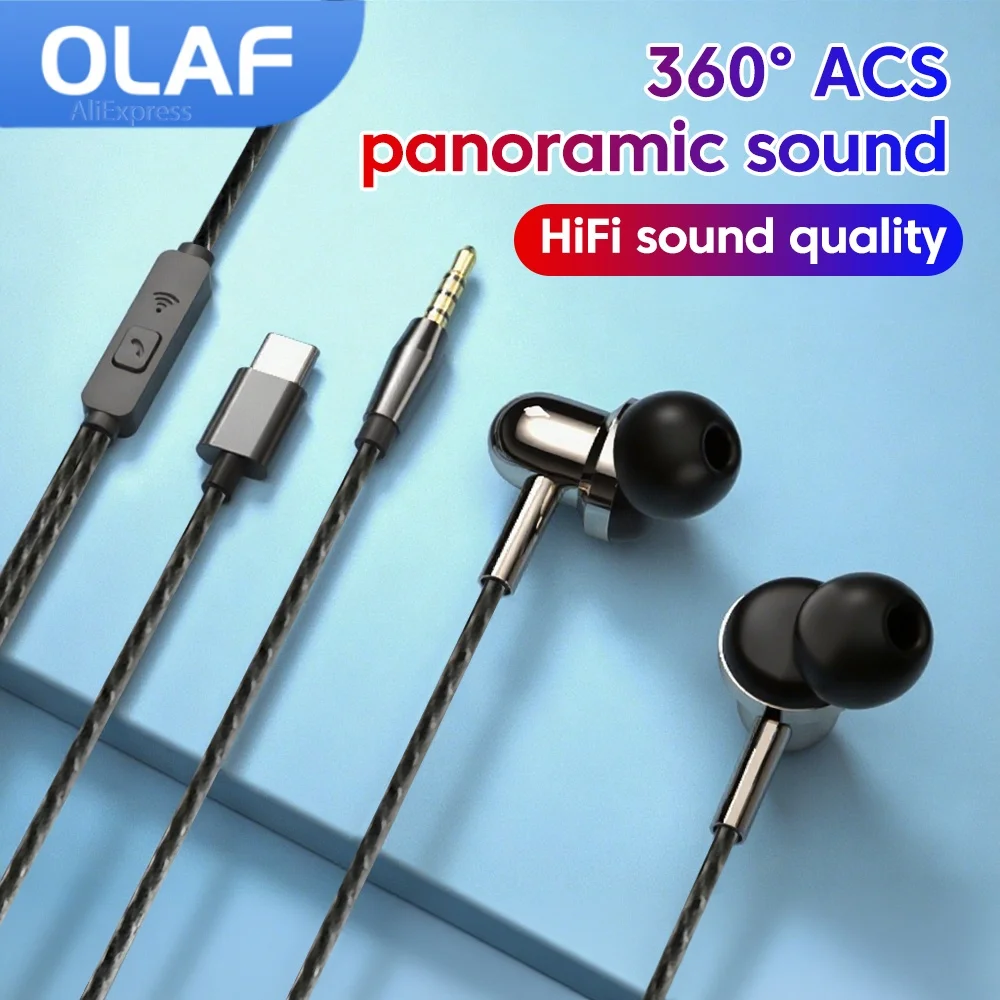 OLAF Headphones DAC Type-C 3.5mm Wired Earphones Handsfree In-ear Headset With Mic Sports In-line Control Earbuds For Smartphone