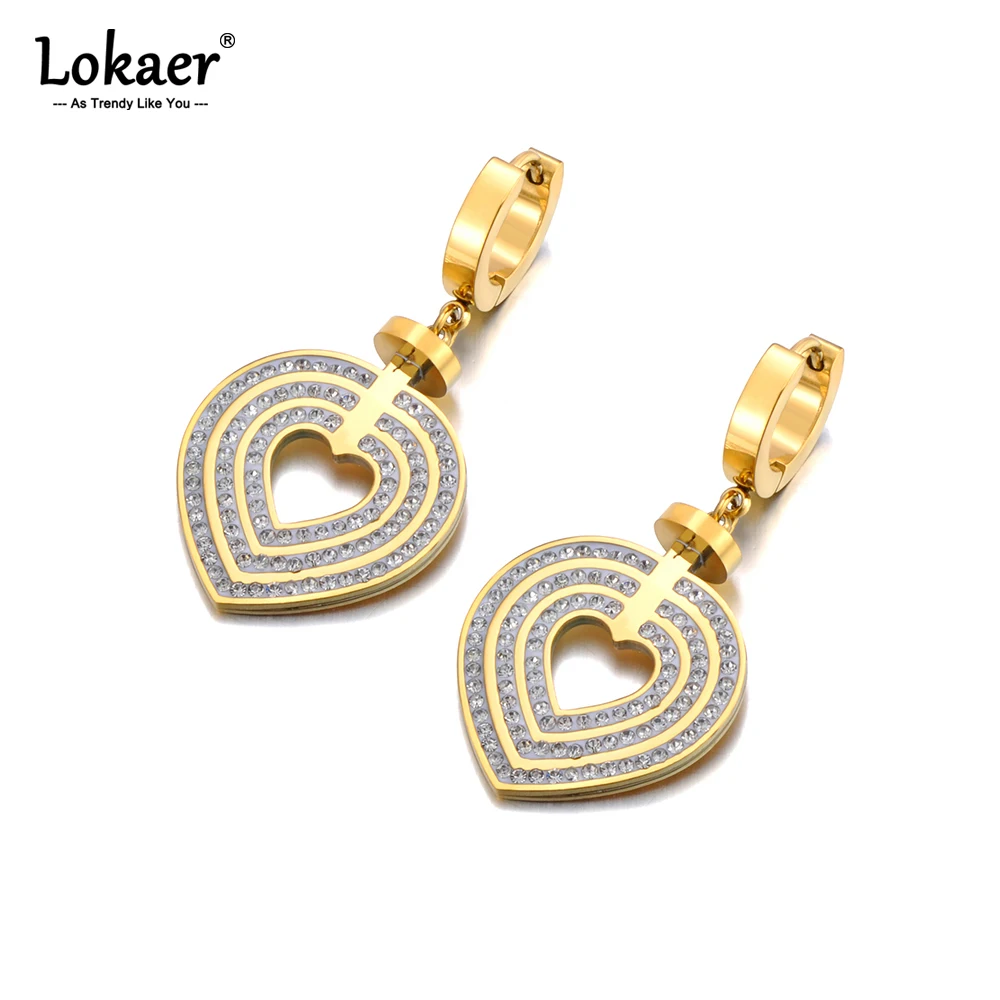 Lokaer Edelstahl Strass Herz Creolen Halskette zarte Zirkonia Mode pvd vergoldete Ohrringe e23287