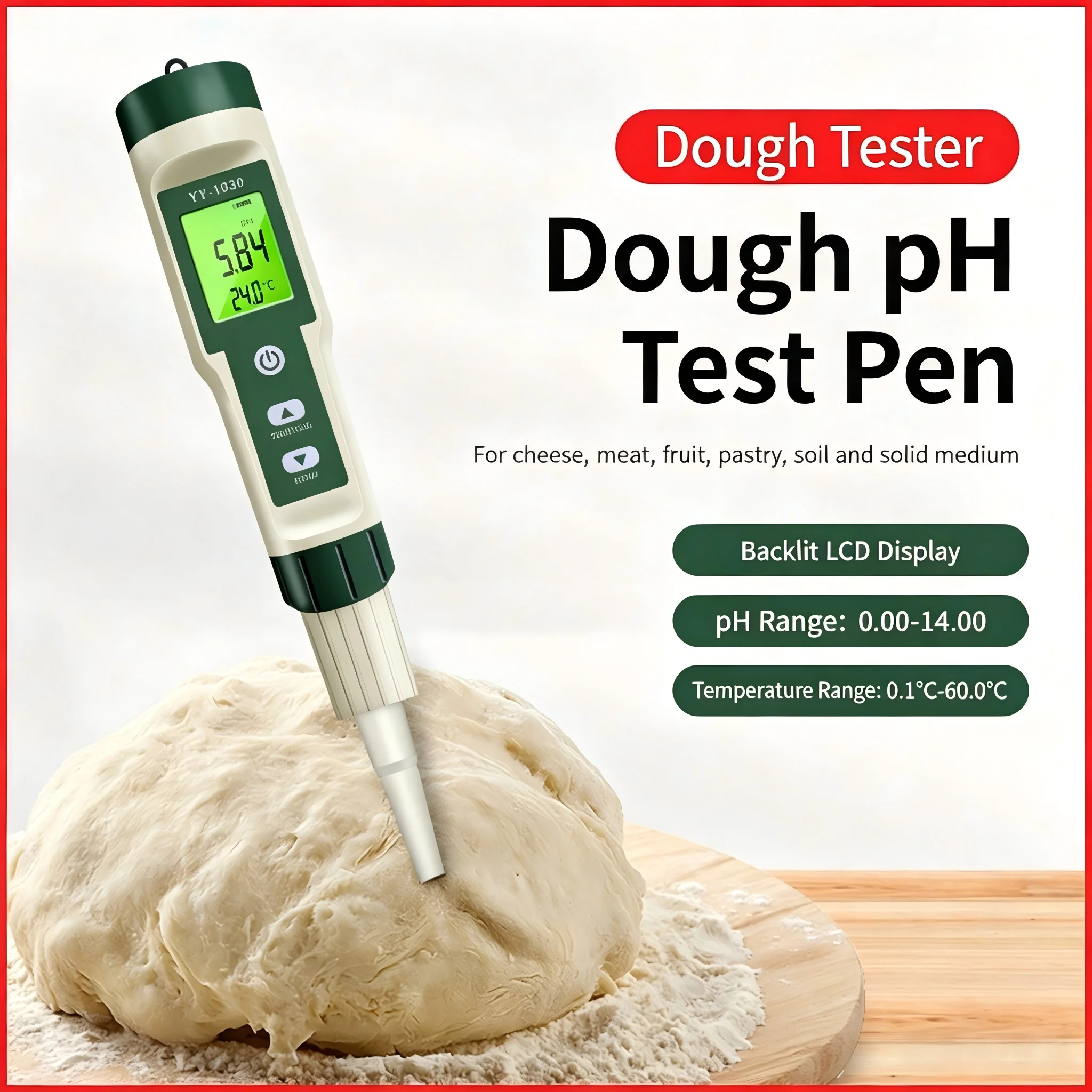 Dough pH Meter Spear Tip Tester for Bread Fermentation Meat Cheese Soil with 3 Calibration Powders ATC Portable pH Pen for Food