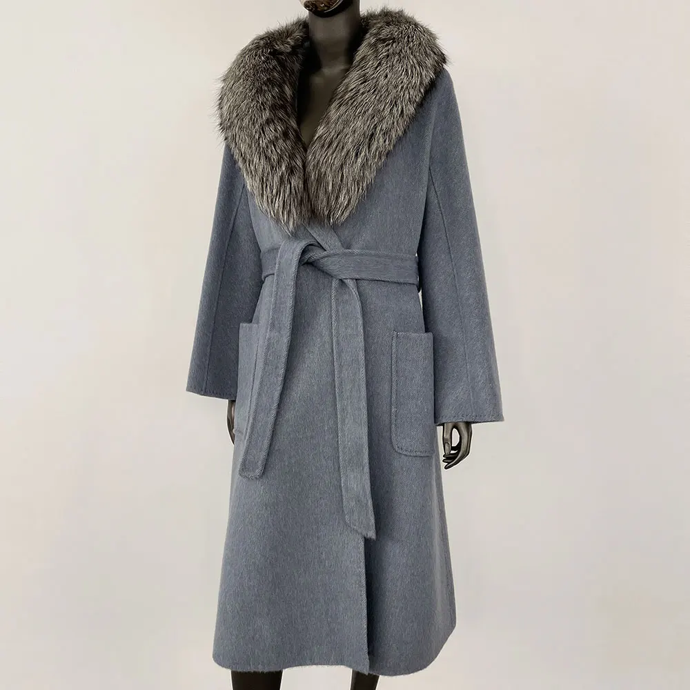Real Fox Fur Coat Wool Jacket Female Woolen Natural Long Fur Coat Modern European Street Fashion Clothes for Women Winter
