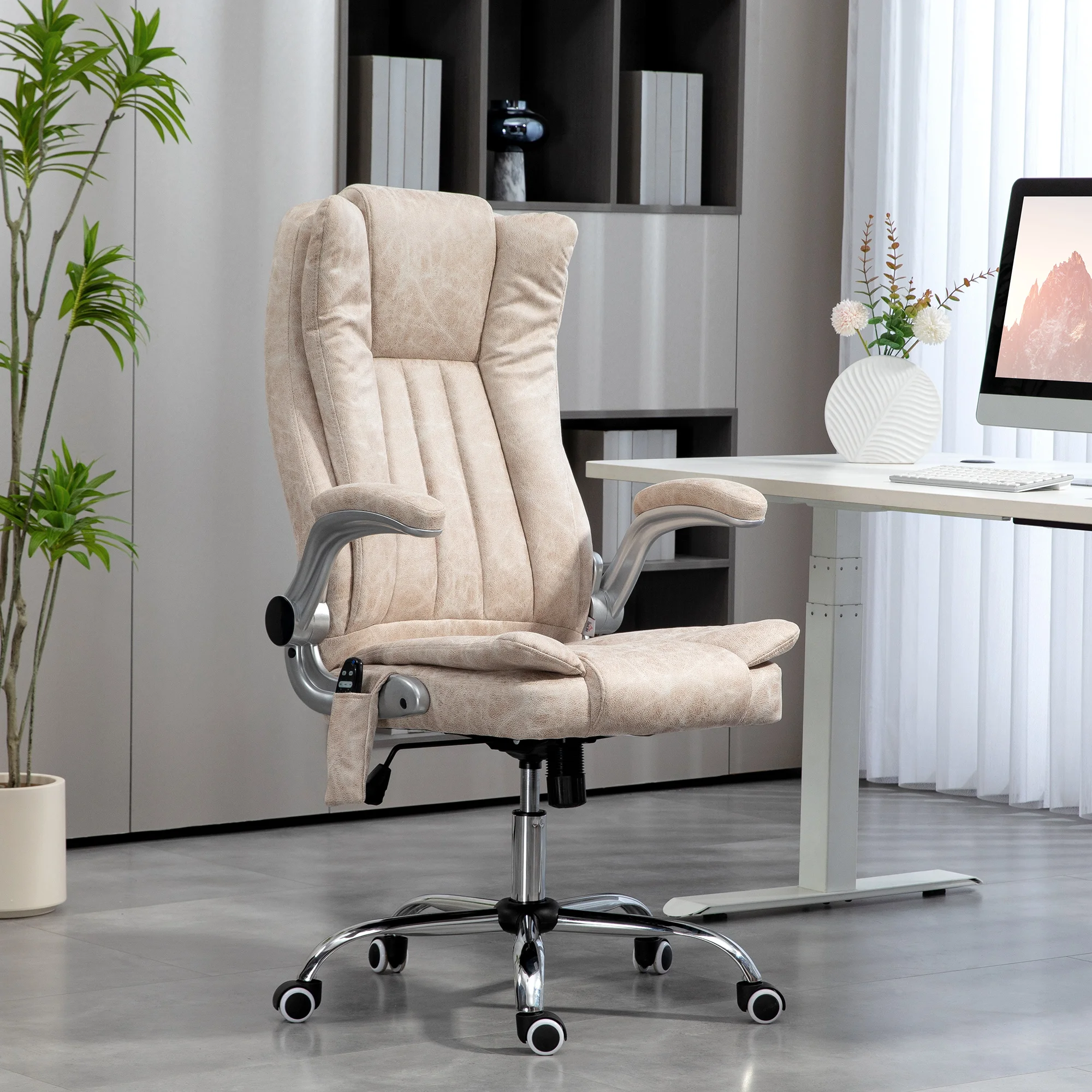 Vibration Massage Office Chair, High Back Heated Computer Chair with Flip-Up Armrest & Swivel Wheels, Cream White