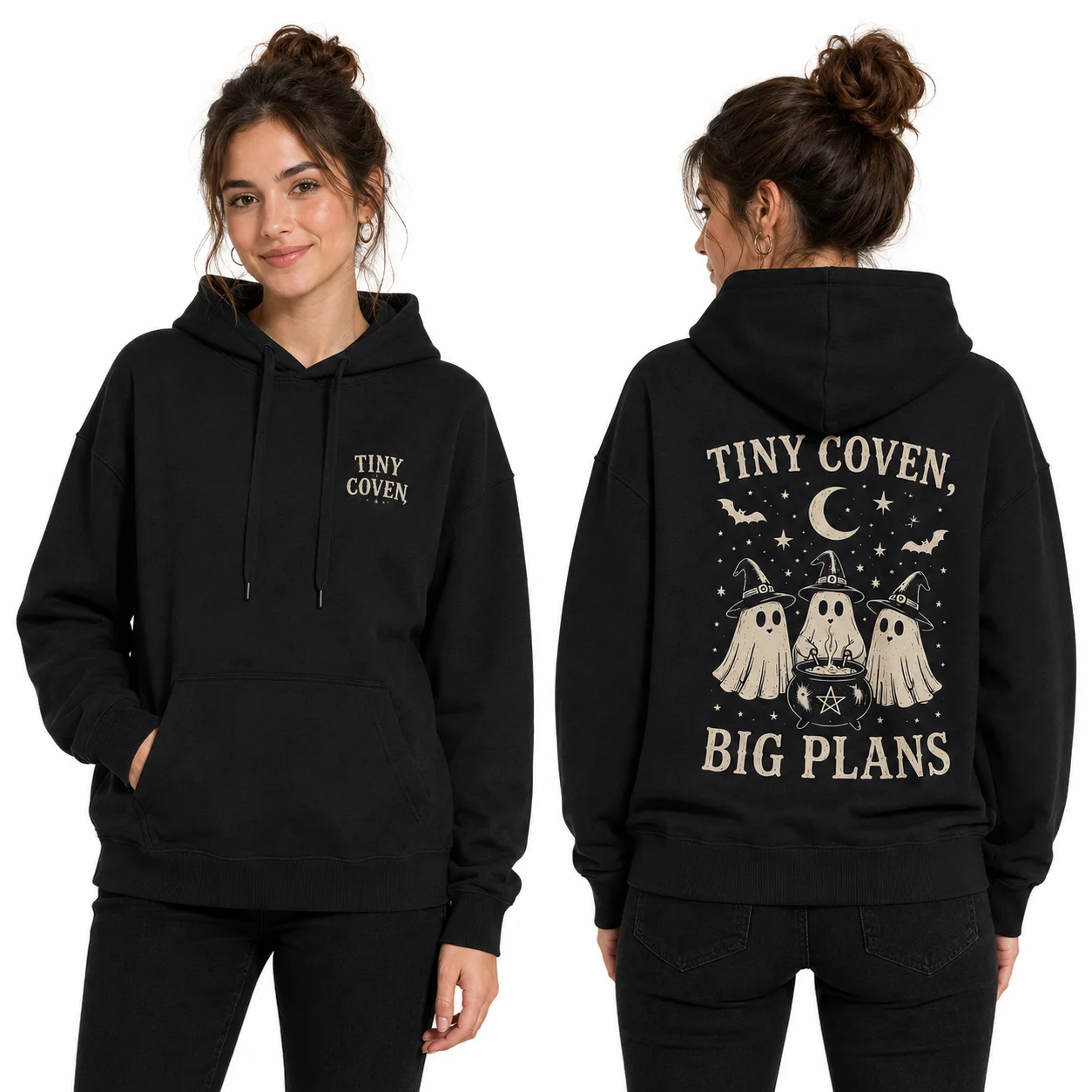 Personalized Gothic Halloween Hooded Sweatshirt Loose Tiny Coven Big Plans Ghost Witch Graphic Casual Fall Women Pullover Hood