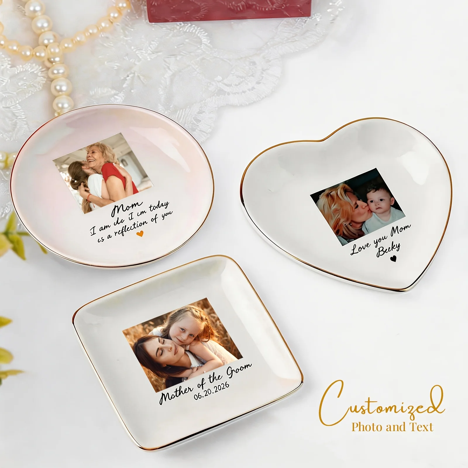 1pc Photo & Text Personalized Jewelry Tray - Photo Frame Suitable for All Jewelry Storage, Round/Heart/Rectangular Table with Ph