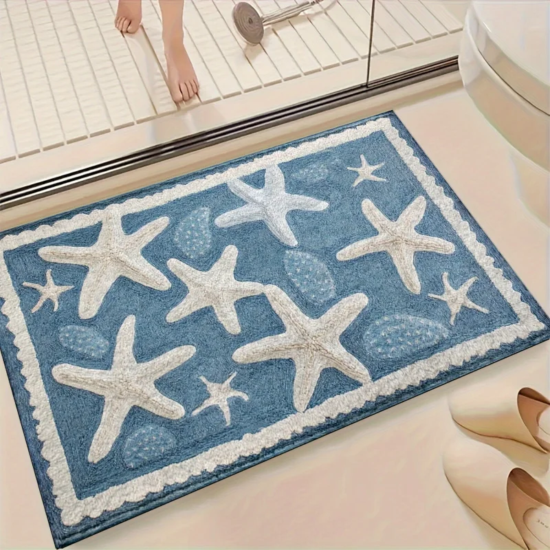 VIKAMA Ocean Style Bathroom Floor Mat, Bathroom Entrance Absorbent Mat, Shower Room Anti Slip Carpet Home Decoration