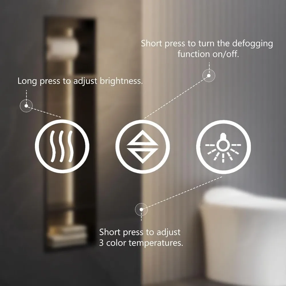 مرآة حمام مثبتة على الحائط بإضاءة LED، 28 × 20، قابلة للتعتيم، مضادة للضباب، إضاءة أمامية وخلفية لمكياج الغرور